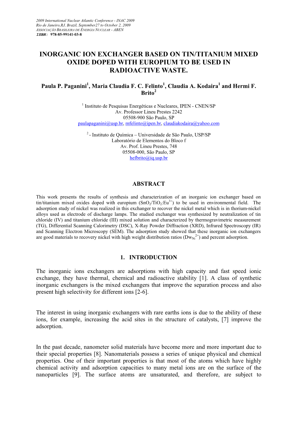 Inorganic Ion Exchanger Based on Tin/Titanium Mixed Oxide Doped with Europium to Be Used in Radioactive Waste