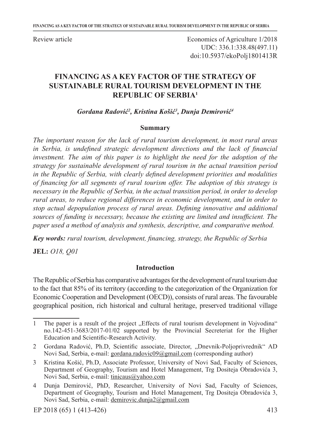 Financing As a Key Factor of the Strategy of Sustainable Rural Tourism Development in the Republic of Serbia