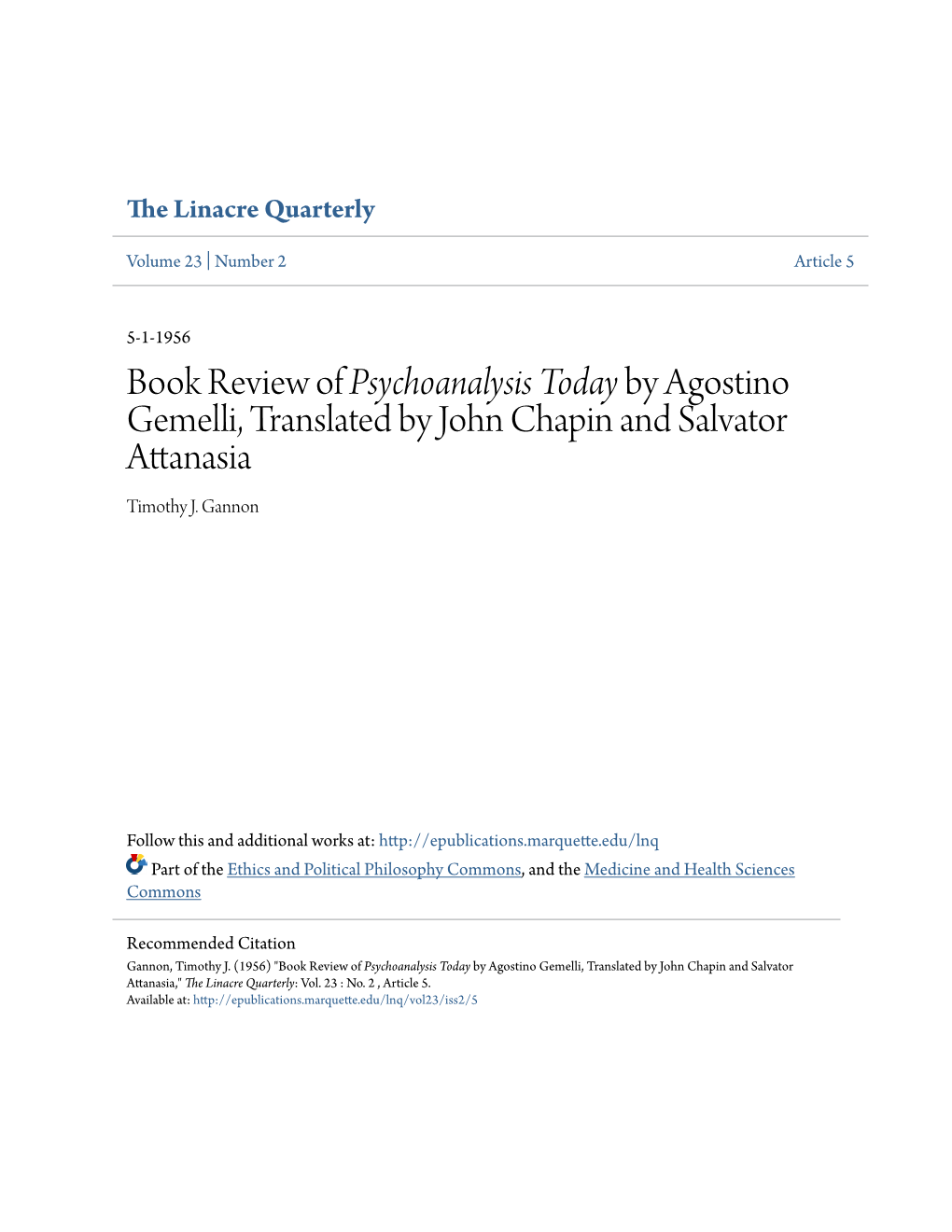 Book Review of Psychoanalysis Today by Agostino Gemelli, Translated by John Chapin and Salvator Attanasia Timothy J