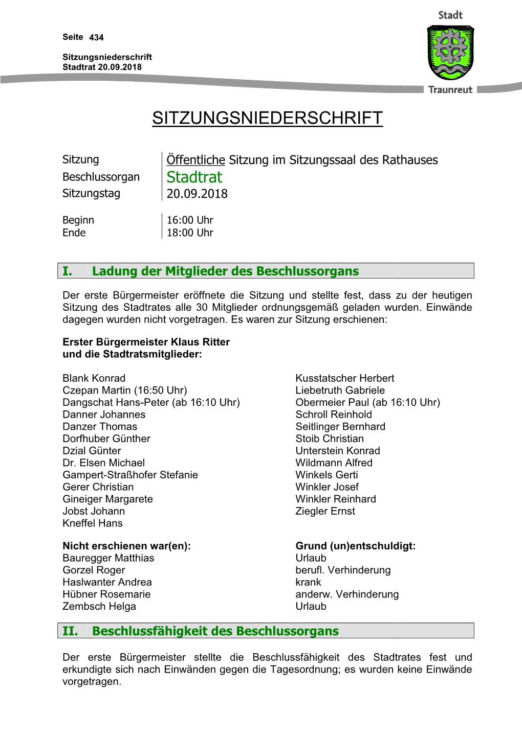 Sitzungsniederschrift Stadtrat 20.09.2018