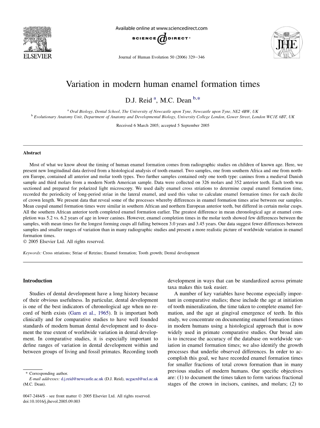 Variation in Modern Human Enamel Formation Times