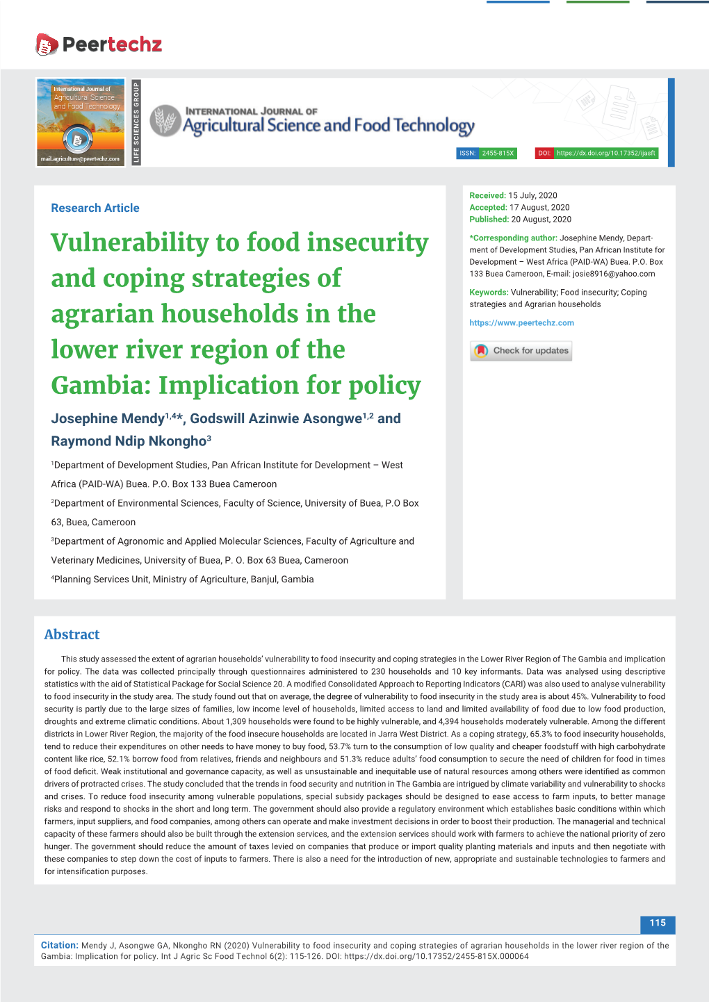 Vulnerability to Food Insecurity and Coping Strategies of Agrarian Households in the Lower River Region of the Gambia: Implication for Policy
