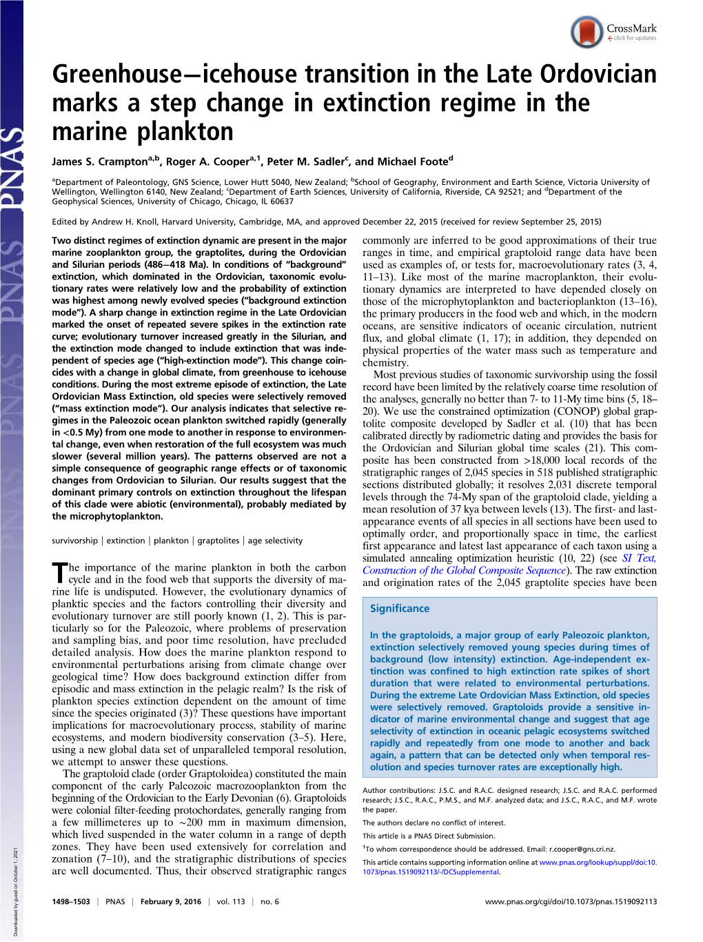 Greenhouse−Icehouse Transition in the Late Ordovician Marks a Step Change in Extinction Regime in the Marine Plankton