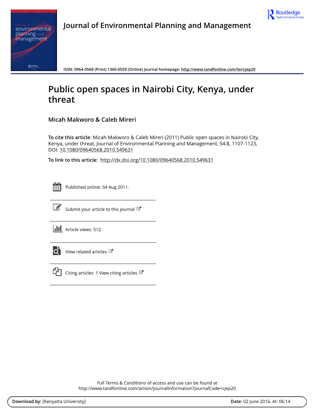 Public Open Spaces in Nairobi City, Kenya, Under Threat