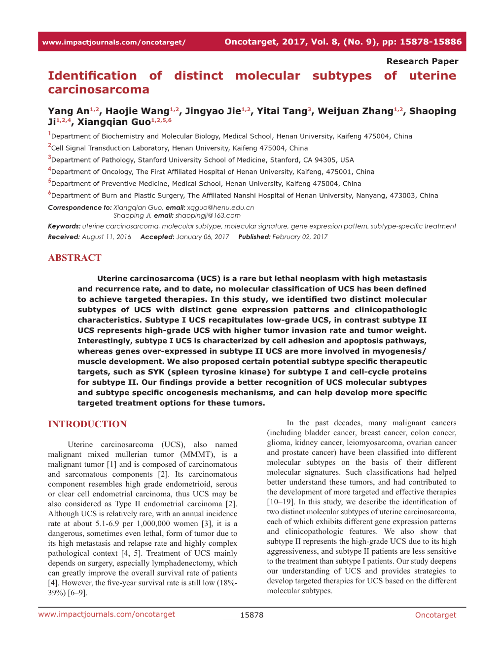 Identification of Distinct Molecular Subtypes of Uterine Carcinosarcoma