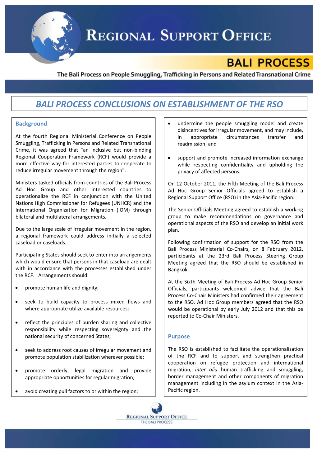 Bali Process Conclusions on Establishment of the Rso