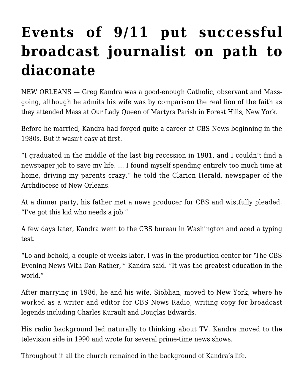 Events of 9/11 Put Successful Broadcast Journalist on Path to Diaconate