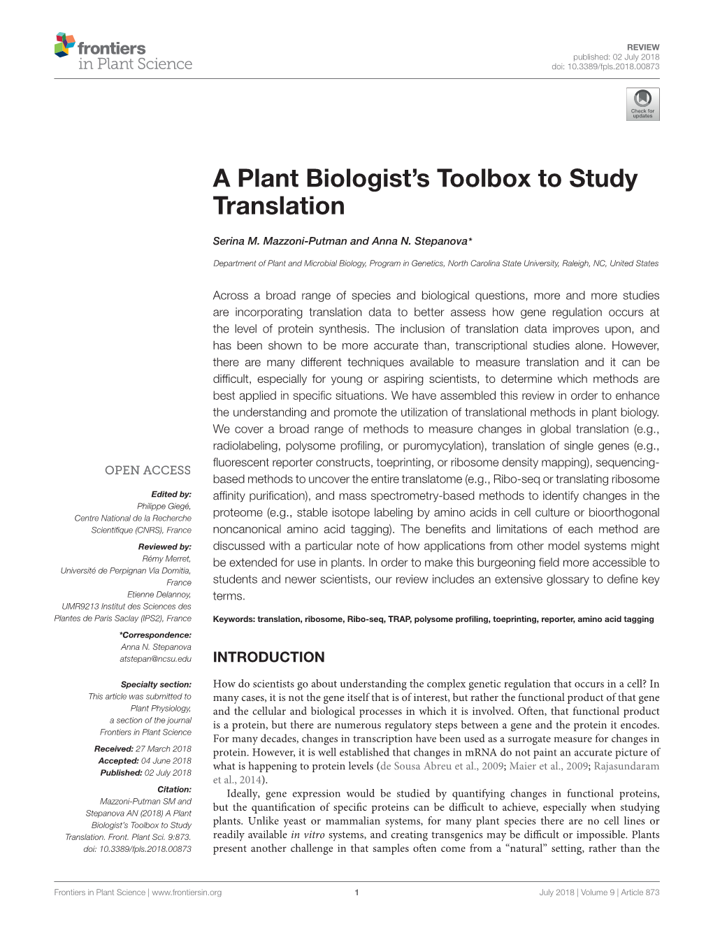 A Plant Biologist's Toolbox to Study Translation