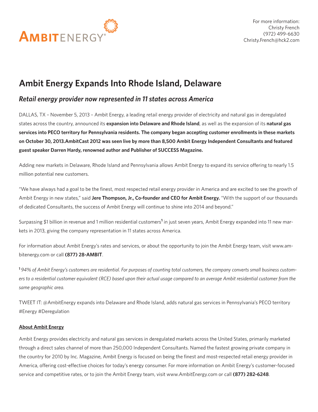 Ambit Energy Expands Into Rhode Island, Delaware Retail Energy Provider Now Represented in 11 States Across America