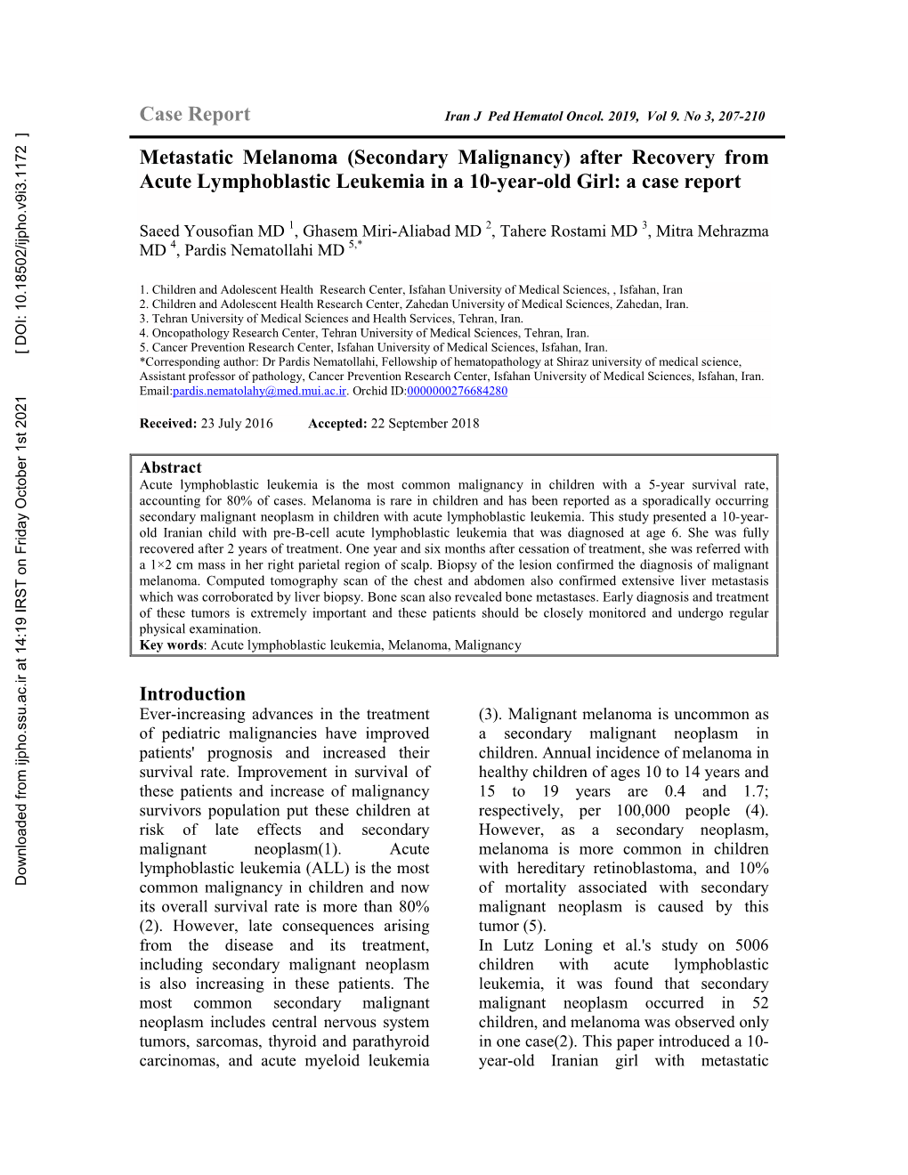 Metastatic Melanoma (Secondary Malignancy) After Recovery from Acute Lymphoblastic Leukemia in a 10-Year-Old Girl: a Case Report