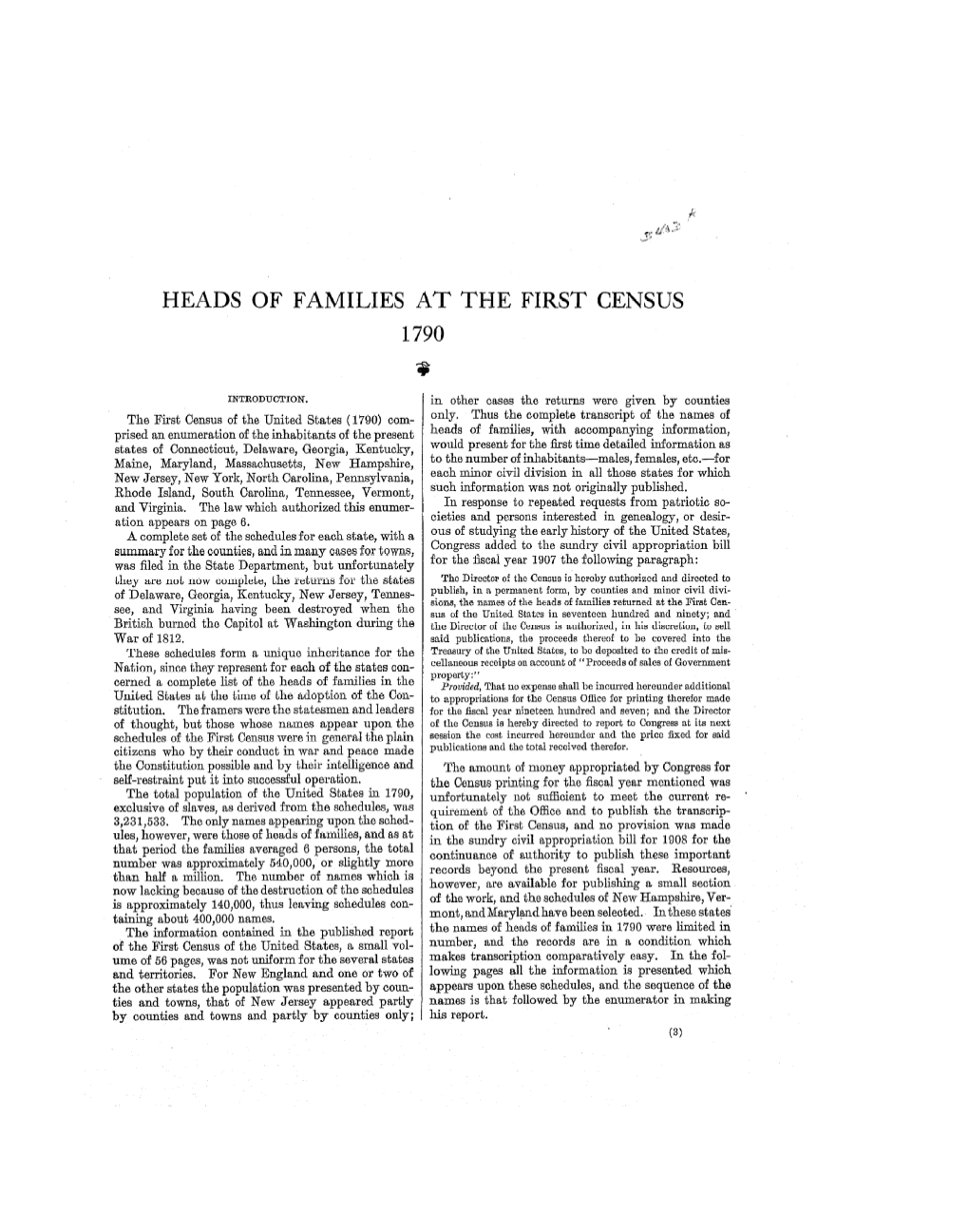 Heads of Families at the First Census 1790 *