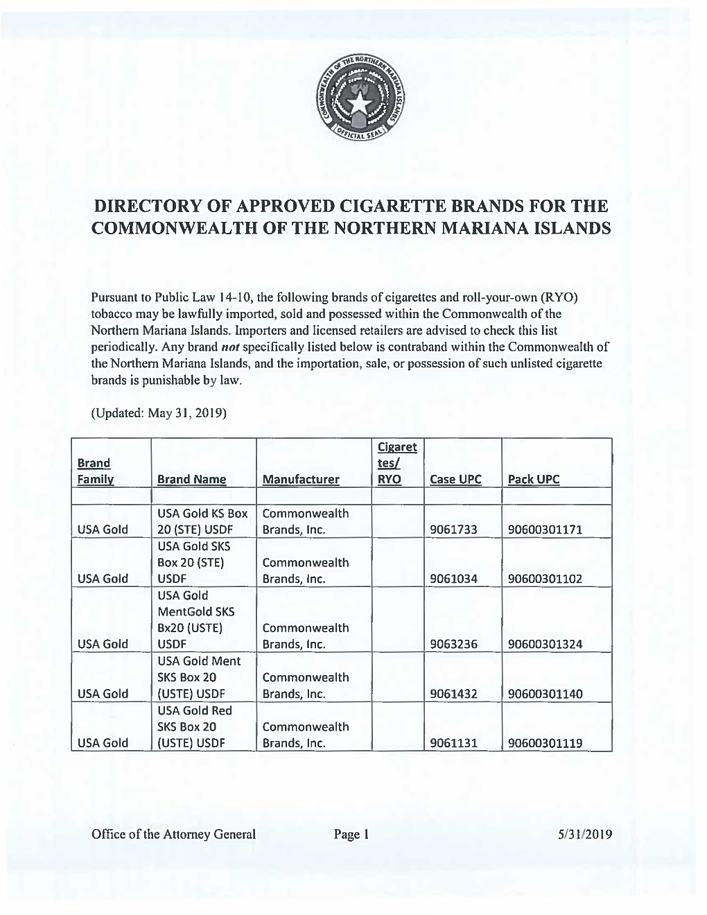 Directory of Approved Cigarette Brands for the Commonwealth of the Northern Mariana Islands