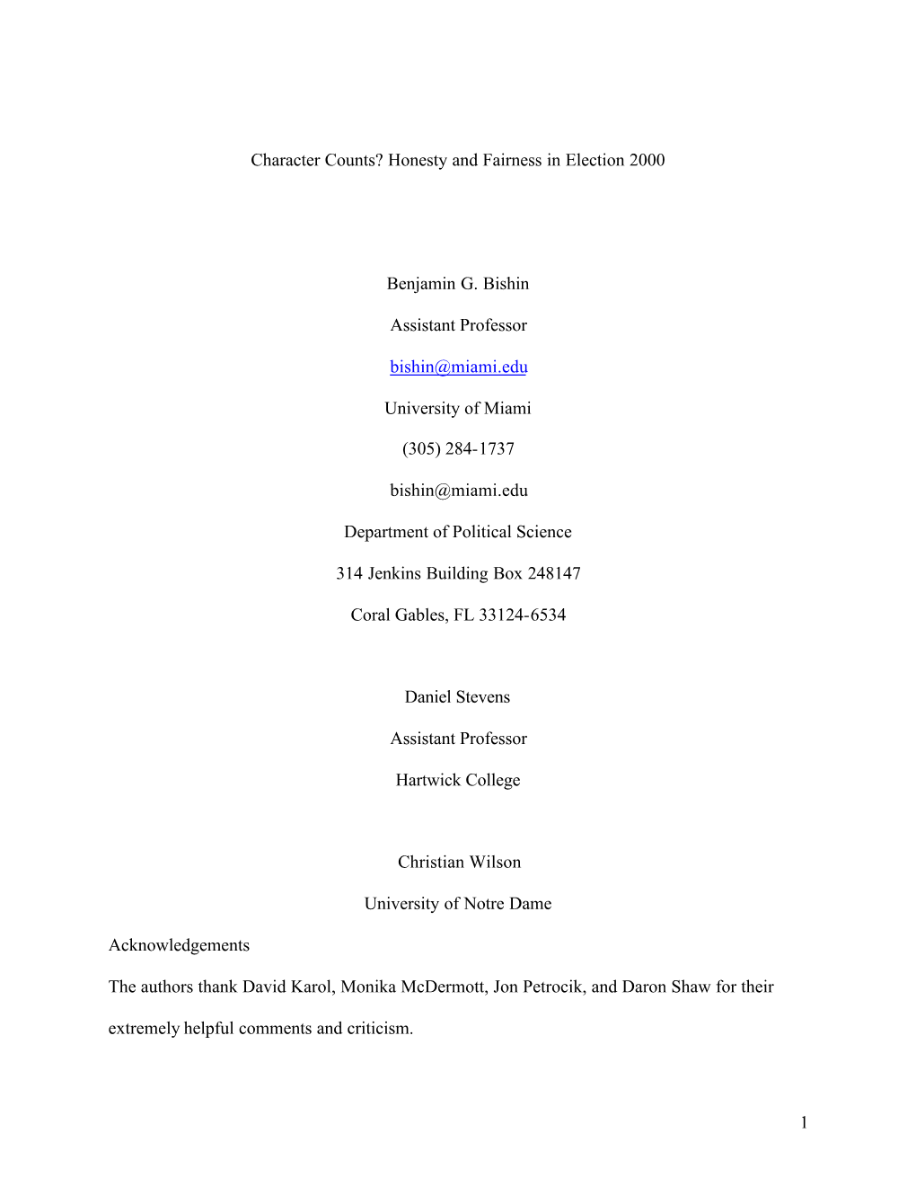 Character Counts? Honesty and Fairness in Election 2000