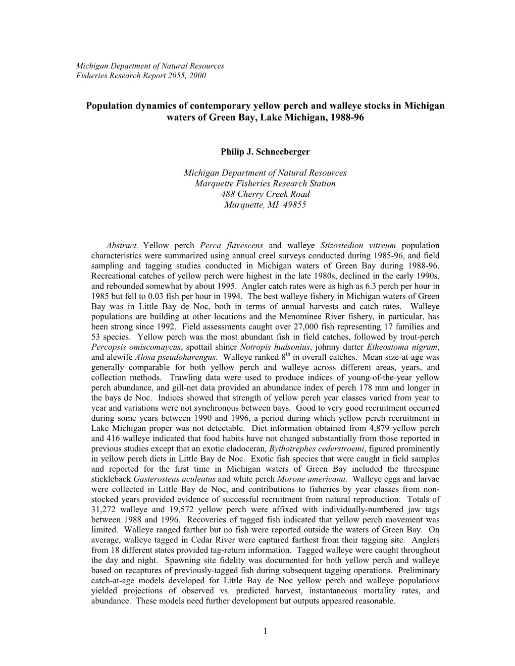 Population Dynamics of Contemporary Yellow Perch and Walleye Stocks in Michigan Waters of Green Bay, Lake Michigan, 1988-96