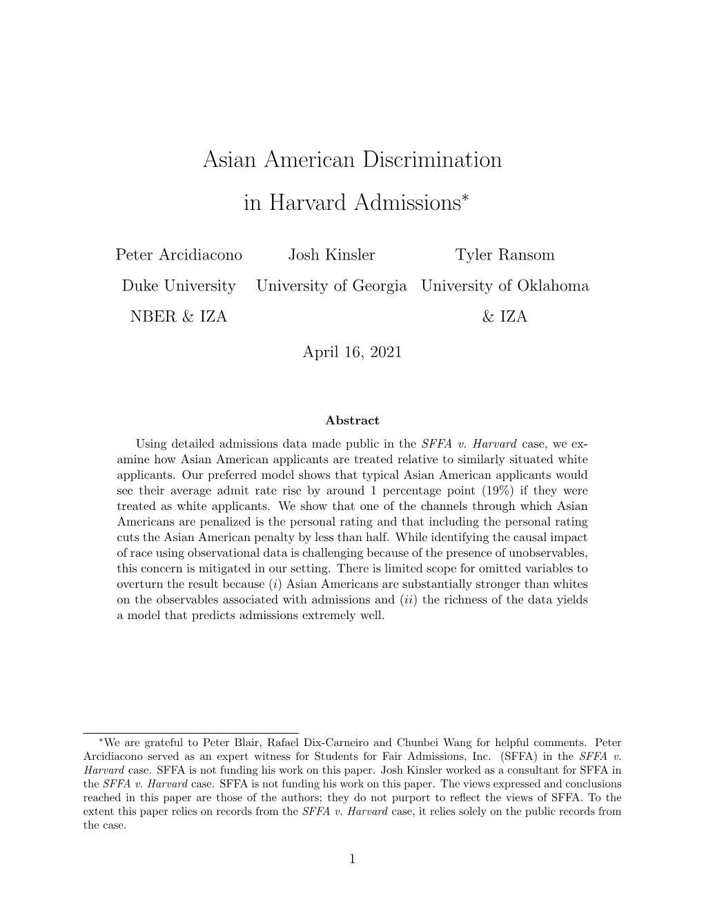 Asian American Discrimination in Harvard Admissions∗