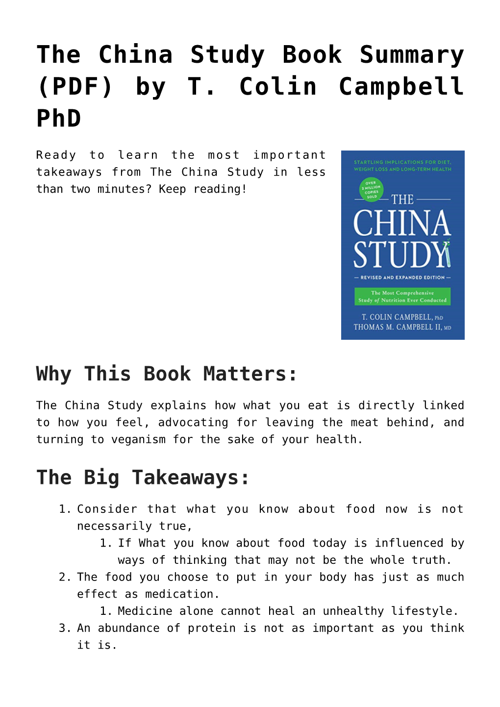 The China Study Book Summary (PDF) by T. Colin Campbell Phd