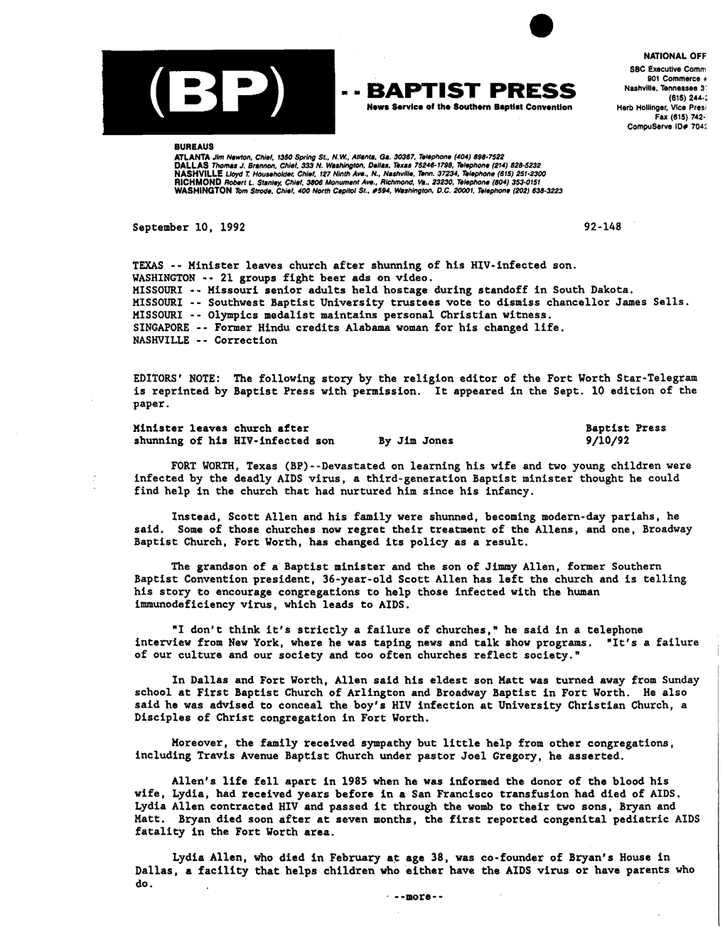 · · BAPTIST PRESS (615) 244-; (BP) Ne.A Service of the Southern Beptlat Convention Herb Hollinger, Vice Presi Fax (1115) 742­ Compuserve Iofll 704~