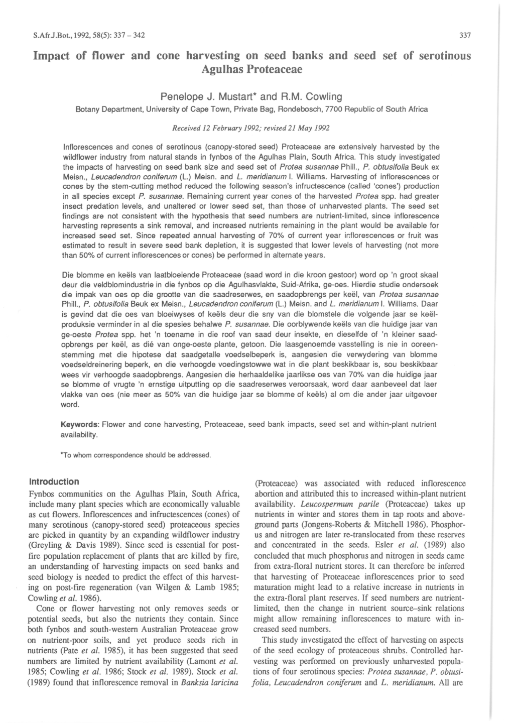 Impact of Flower and Cone Harvesting on Seed Banks and Seed Set of Serotinous Agulhas Proteaceae