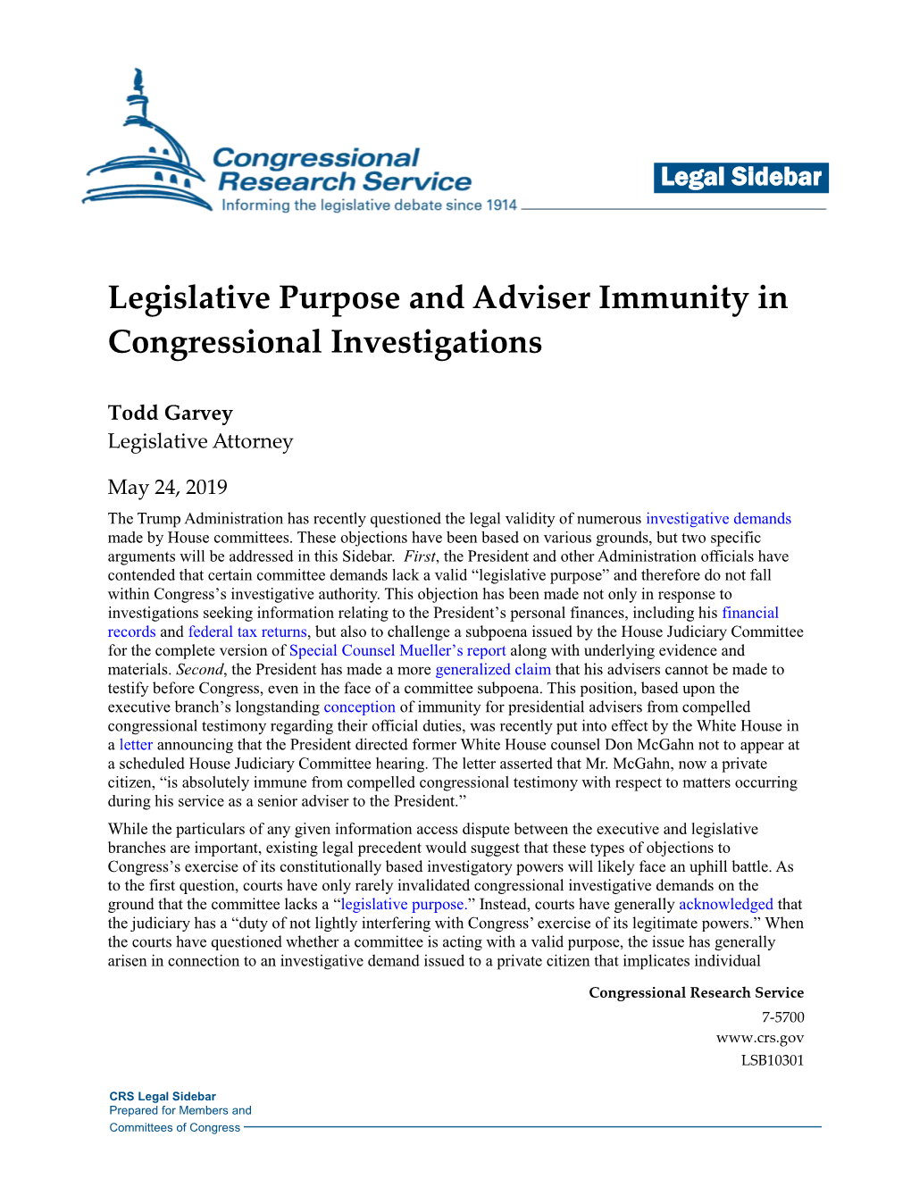 Legislative Purpose and Adviser Immunity in Congressional Investigations