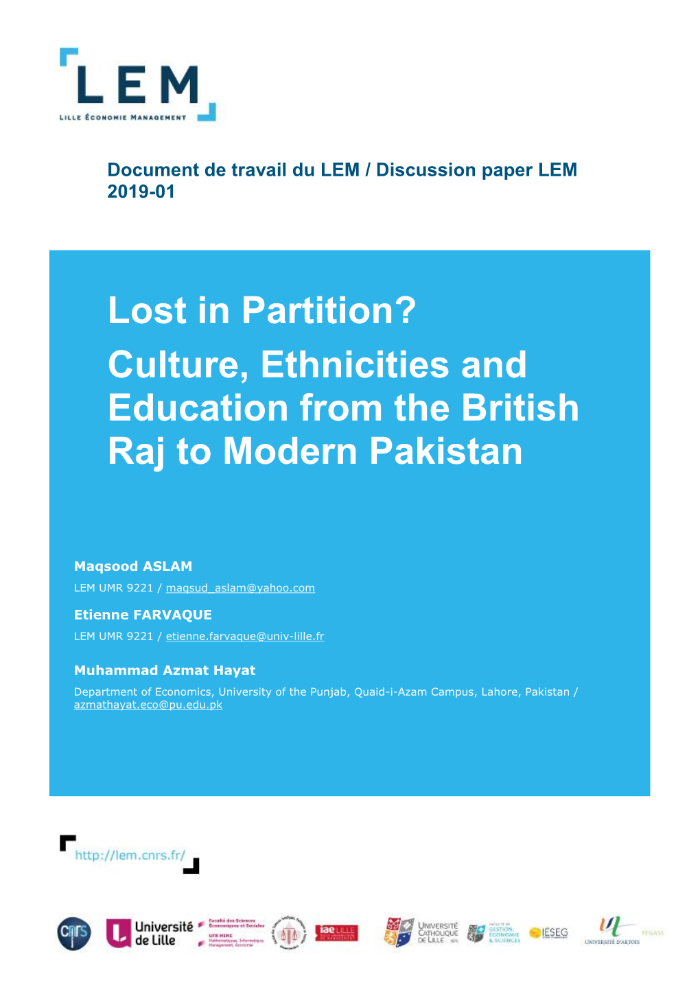 Lost in Partition? Culture, Ethnicities and Education from the British Raj to Modern Pakistan