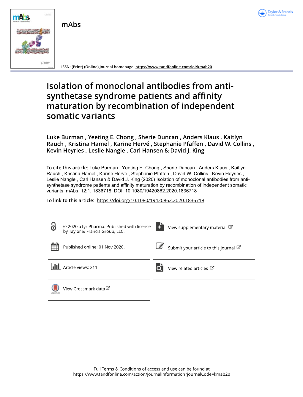 Isolation of Monoclonal Antibodies from Anti-Synthetase Syndrome