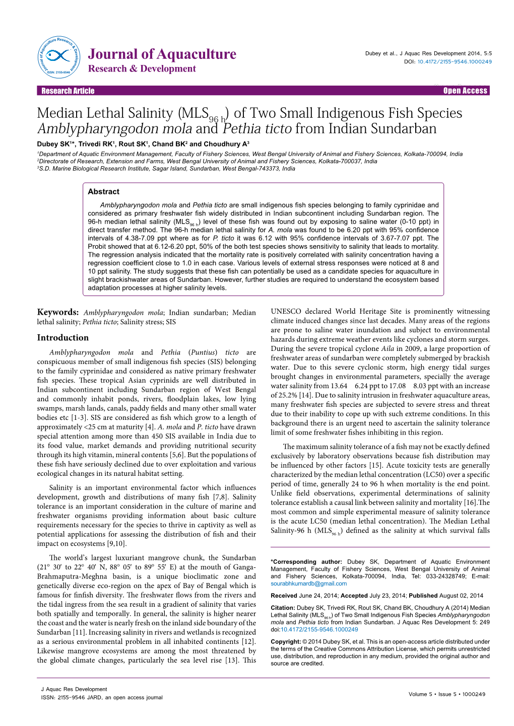 Median Lethal Salinity (MLS96 H) of Two Small Indigenous Fish Species