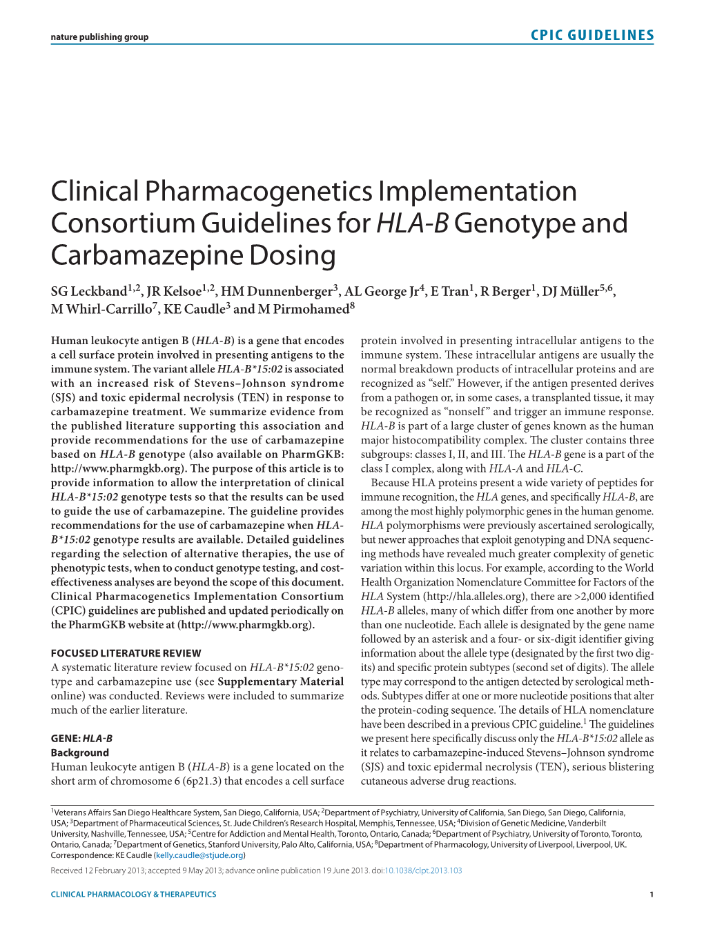 Clinical Pharmacogenetics Implementation Consortium Guidelines for HLA-B Genotype and Carbamazepine Dosing