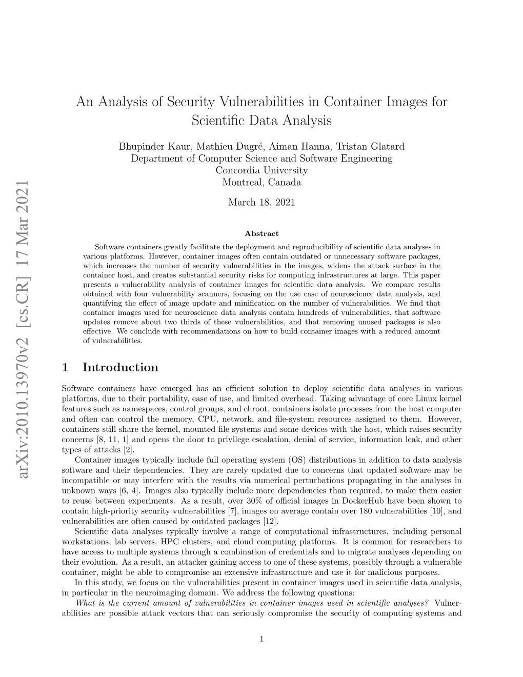 An Analysis of Security Vulnerabilities in Container Images for Scientific