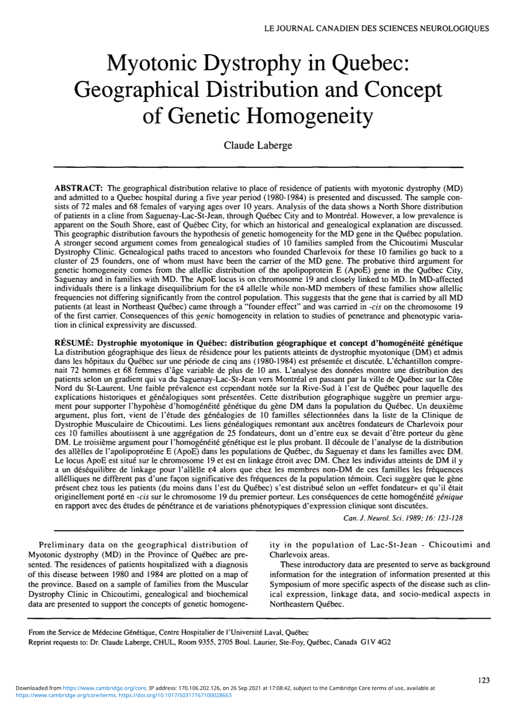 Myotonic Dystrophy in Quebec: Geographical Distribution and Concept of Genetic Homogeneity