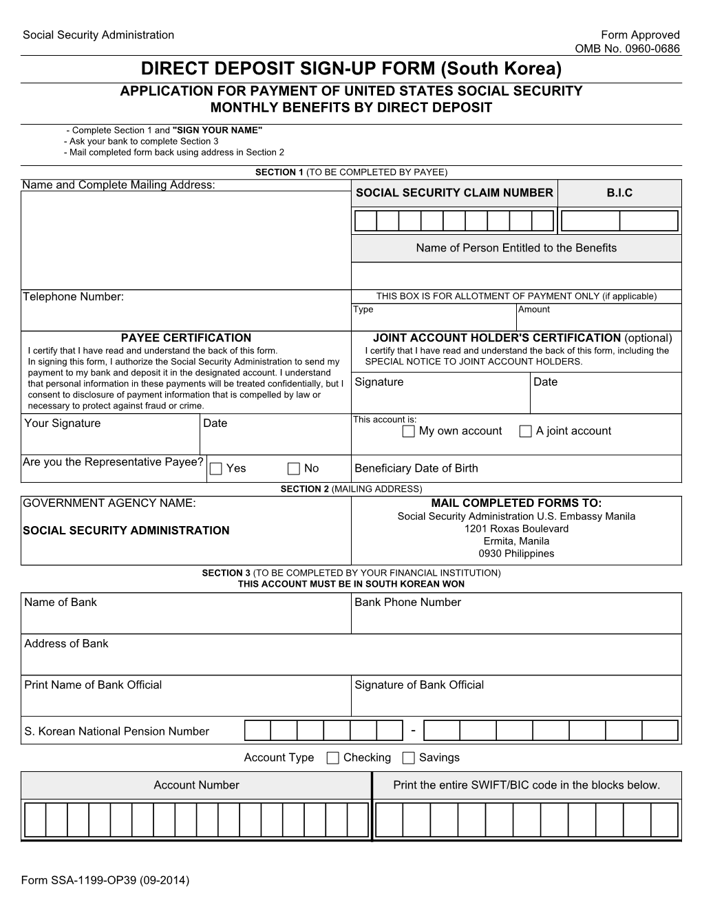 South Korea) APPLICATION for PAYMENT of UNITED STATES SOCIAL SECURITY MONTHLY BENEFITS by DIRECT DEPOSIT