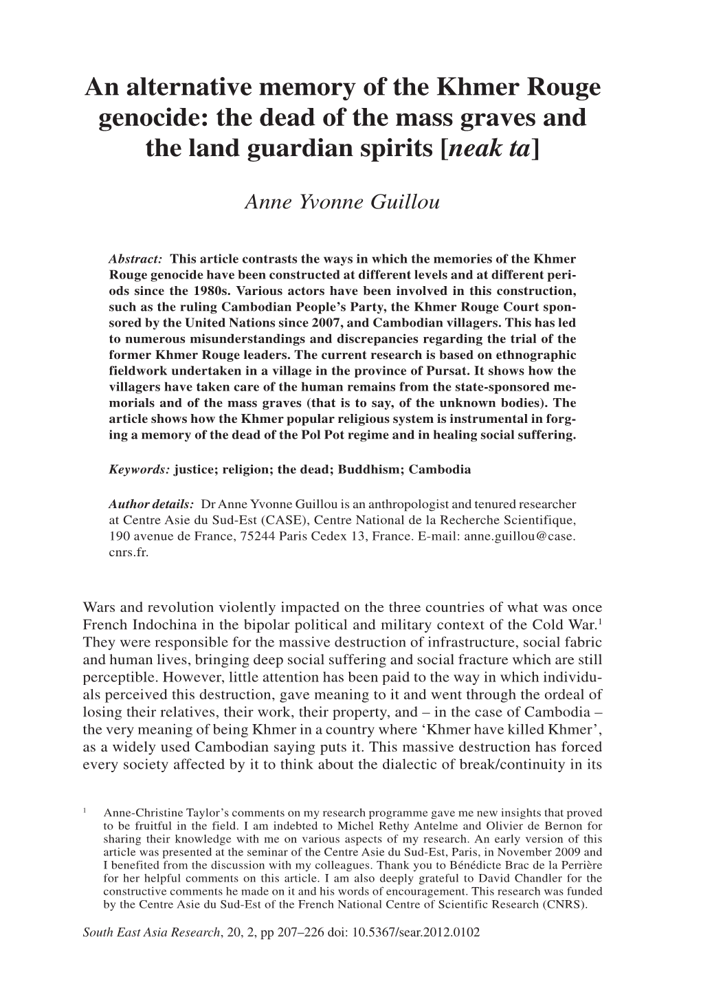 An Alternative Memory of the Khmer Rouge Genocide: the Dead of the Mass Graves and the Land Guardian Spirits [Neak Ta]