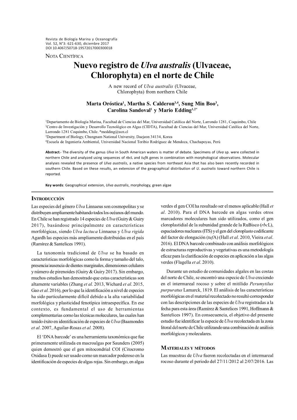 Nuevo Registro De Ulva Australis (Ulvaceae, Chlorophyta) En El Norte De Chile a New Record of Ulva Australis (Ulvaceae, Chlorophyta) from Northern Chile