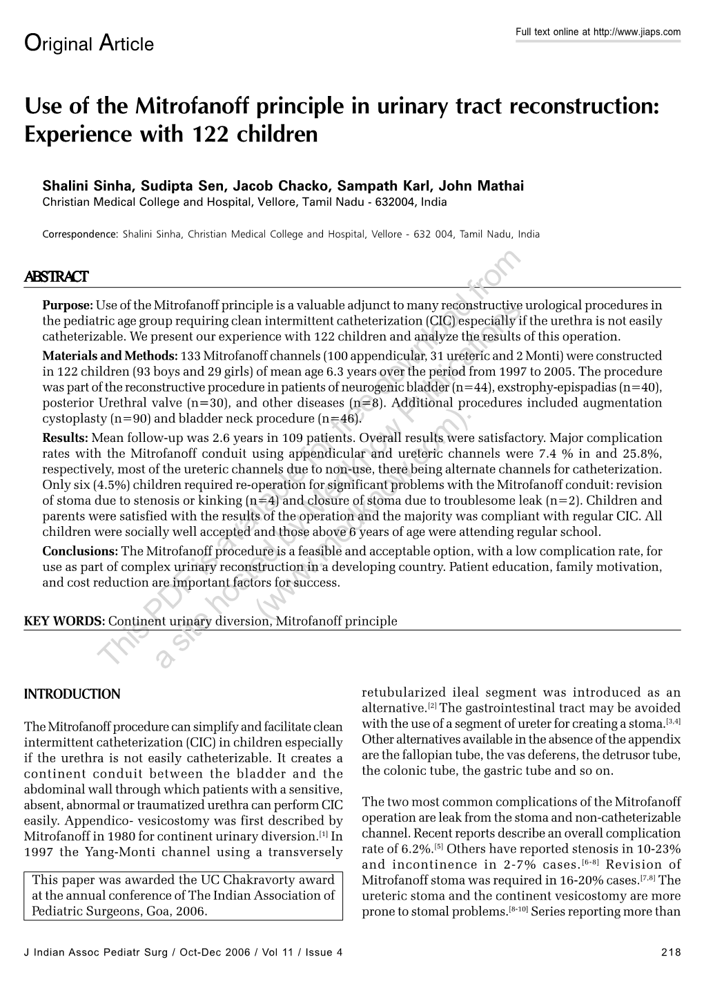 Original Article Use of the Mitrofanoff Principle in Urinary Tract Reconstruction