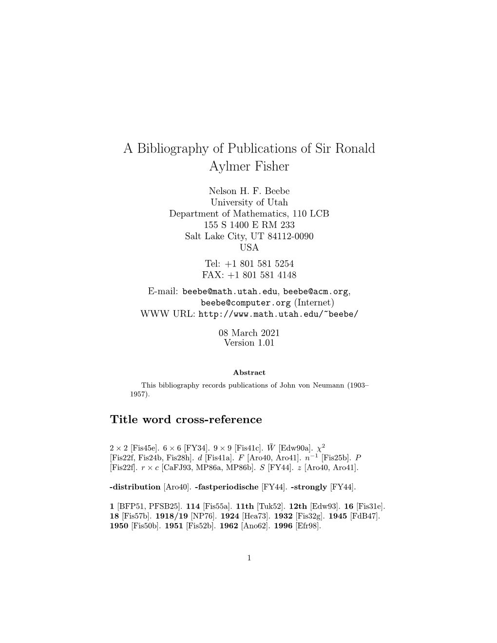 A Bibliography of Publications of Sir Ronald Aylmer Fisher