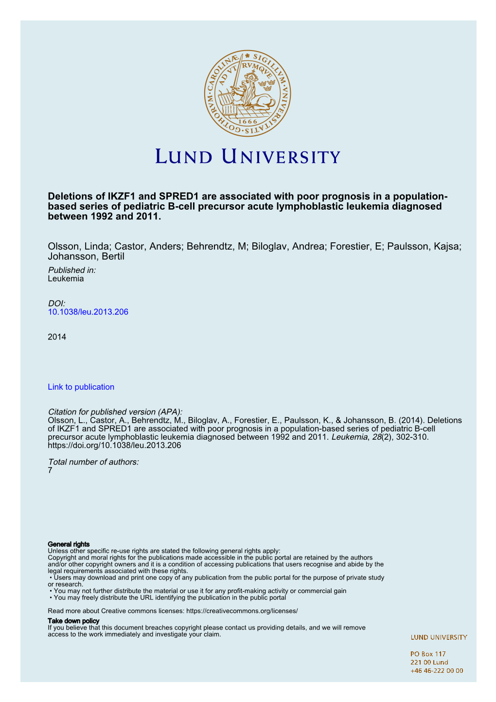 Deletions of IKZF1 and SPRED1 Are Associated