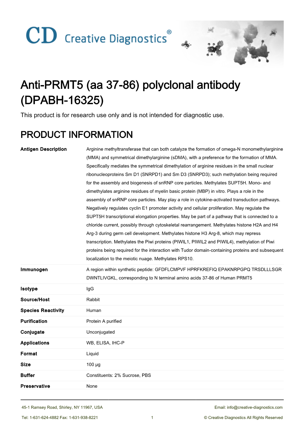 Anti-PRMT5 (Aa 37-86) Polyclonal Antibody (DPABH-16325) This Product Is for Research Use Only and Is Not Intended for Diagnostic Use