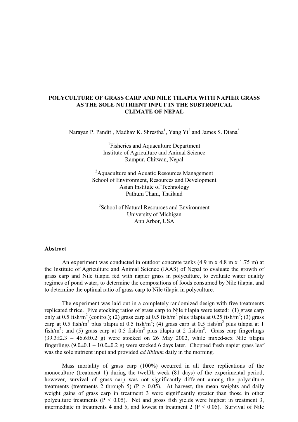 Polyculture of Grass Carp and Nile Tilapia with Napier Grass As the Sole Nutrient Input in the Subtropical Climate of Nepal