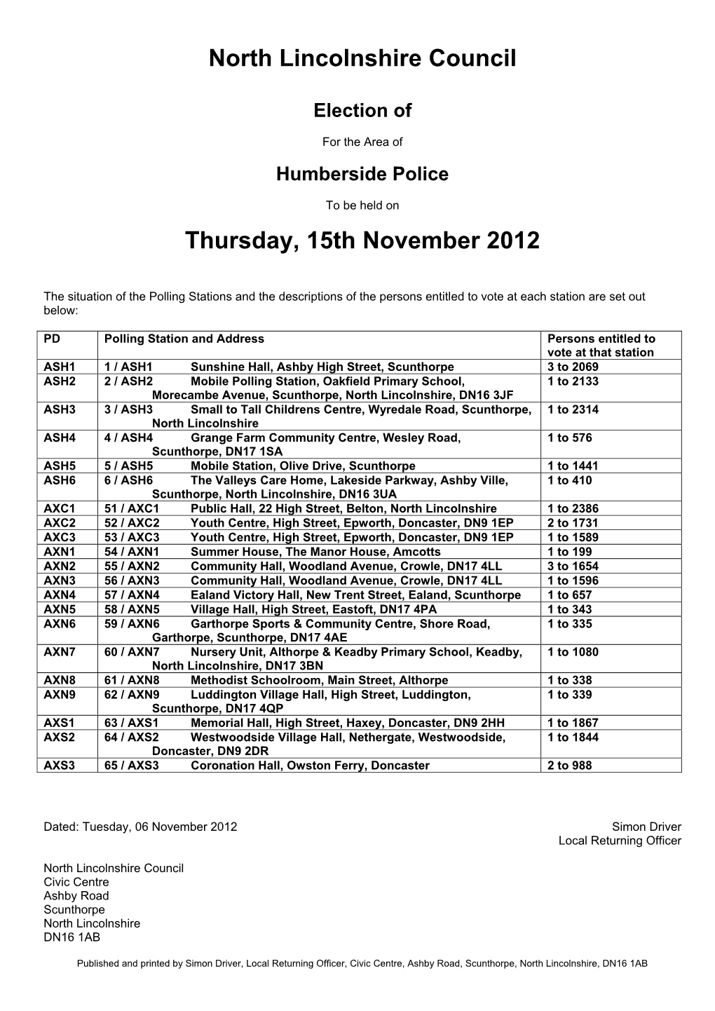 North Lincolnshire Council Thursday, 15Th November 2012