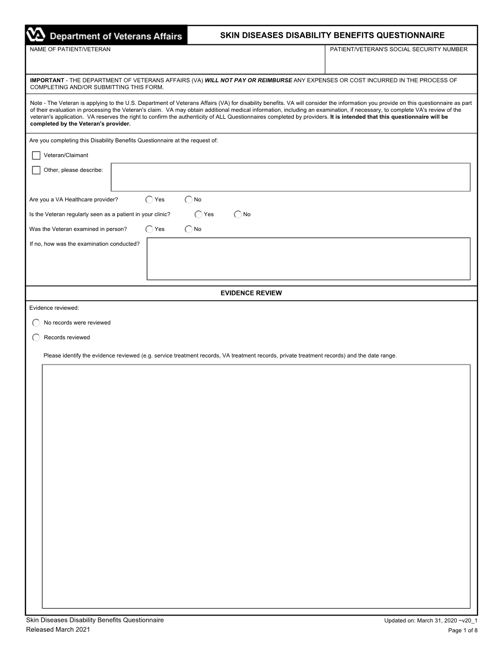 Skin Diseases Disability Benefits Questionnaire