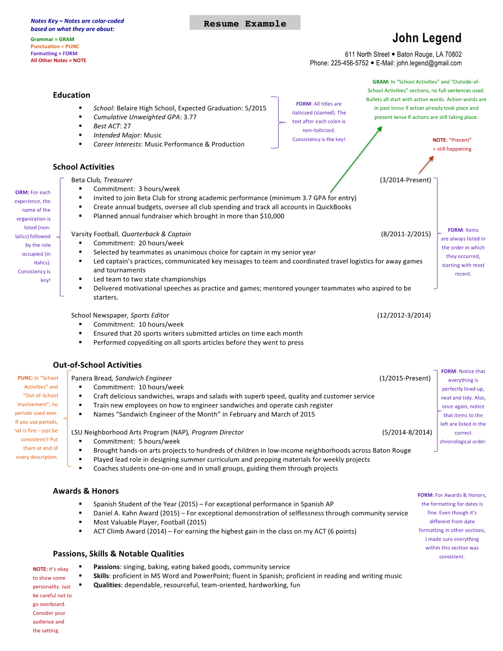 John Legend Punctuation = PUNC Formatting = FORM 611 North Street  Baton Rouge, LA 70802 All Other Notes = NOTE Phone: 225-456-5752  E-Mail: John.Legend@Gmail.Com