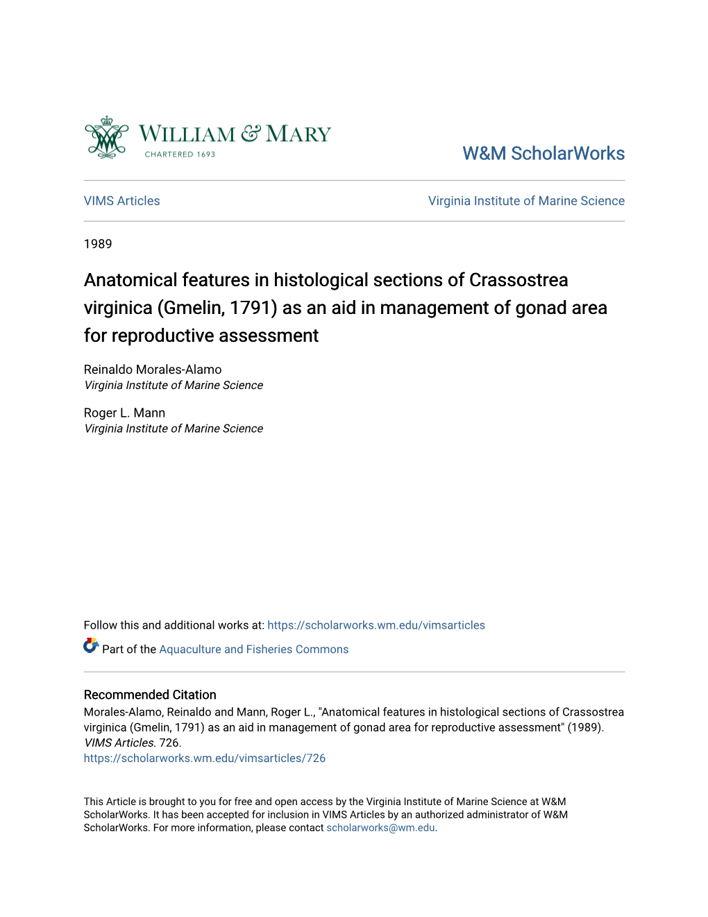 Anatomical Features in Histological Sections of Crassostrea Virginica (Gmelin, 1791) As an Aid in Management of Gonad Area for Reproductive Assessment