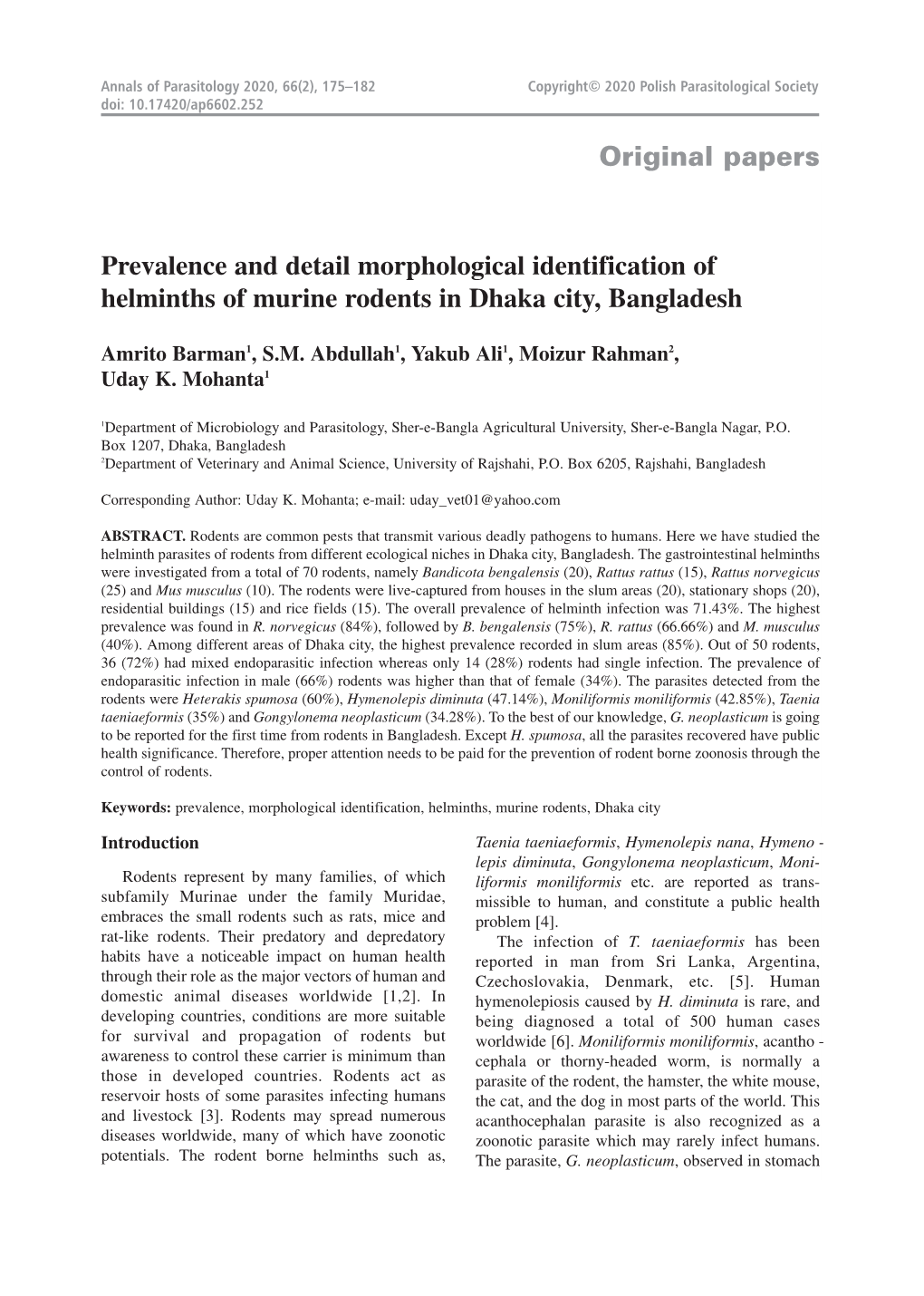 Original Papers Prevalence and Detail Morphological Identification Of