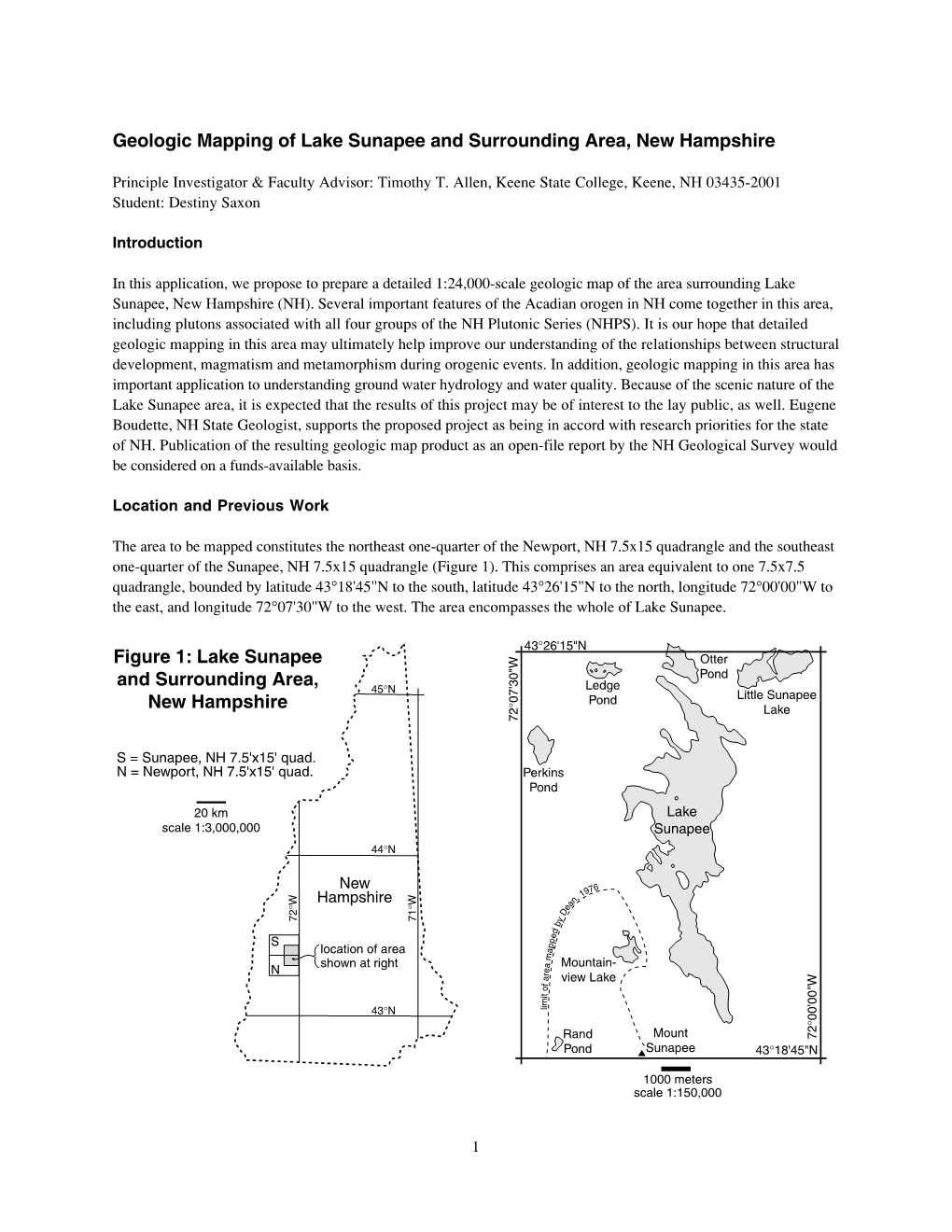 Geologic Mapping of Lake Sunapee and Surrounding Area, New Hampshire