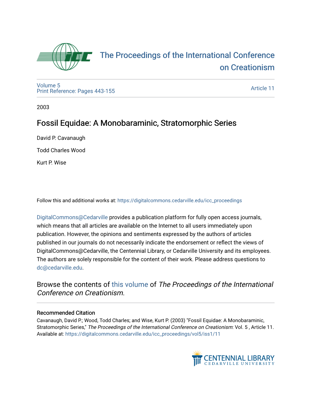 Fossil Equidae: a Monobaraminic, Stratomorphic Series