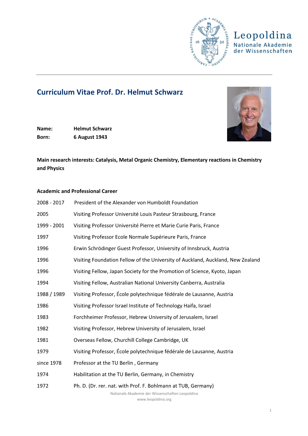 Curriculum Vitae Prof. Dr. Helmut Schwarz