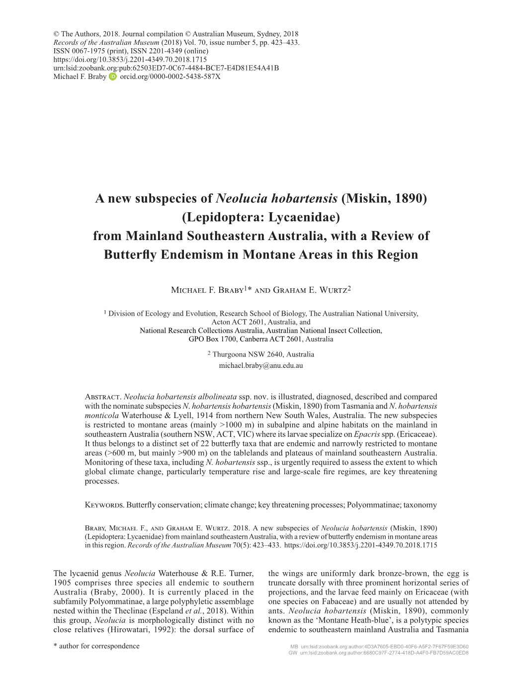 A New Subspecies of Neolucia Hobartensis (Miskin, 1890) (Lepidoptera: Lycaenidae) from Mainland Southeastern Australia, With