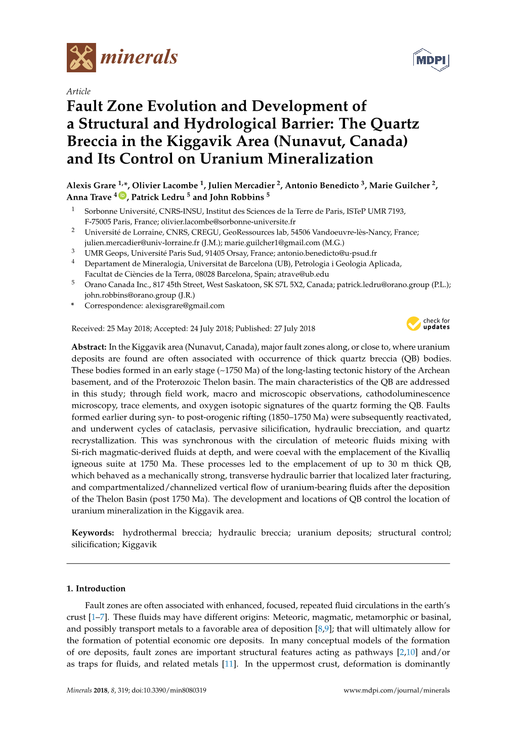 The Quartz Breccia in the Kiggavik Area (Nunavut, Canada) and Its Control on Uranium Mineralization