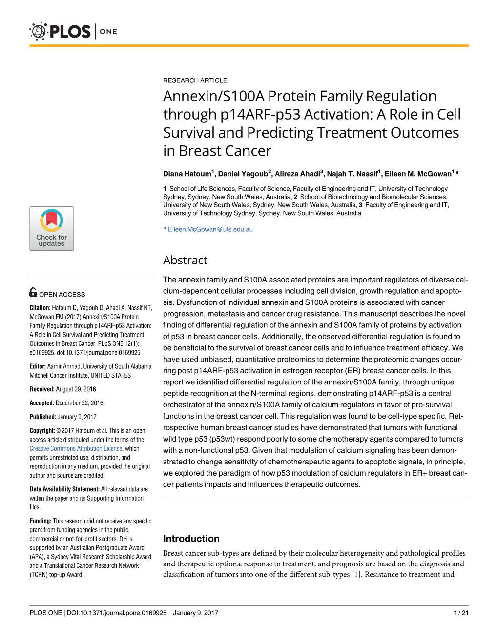 Annexin/S100A Protein Family Regulation Through P14arf-P53 Activation: a Role in Cell Survival and Predicting Treatment Outcomes in Breast Cancer