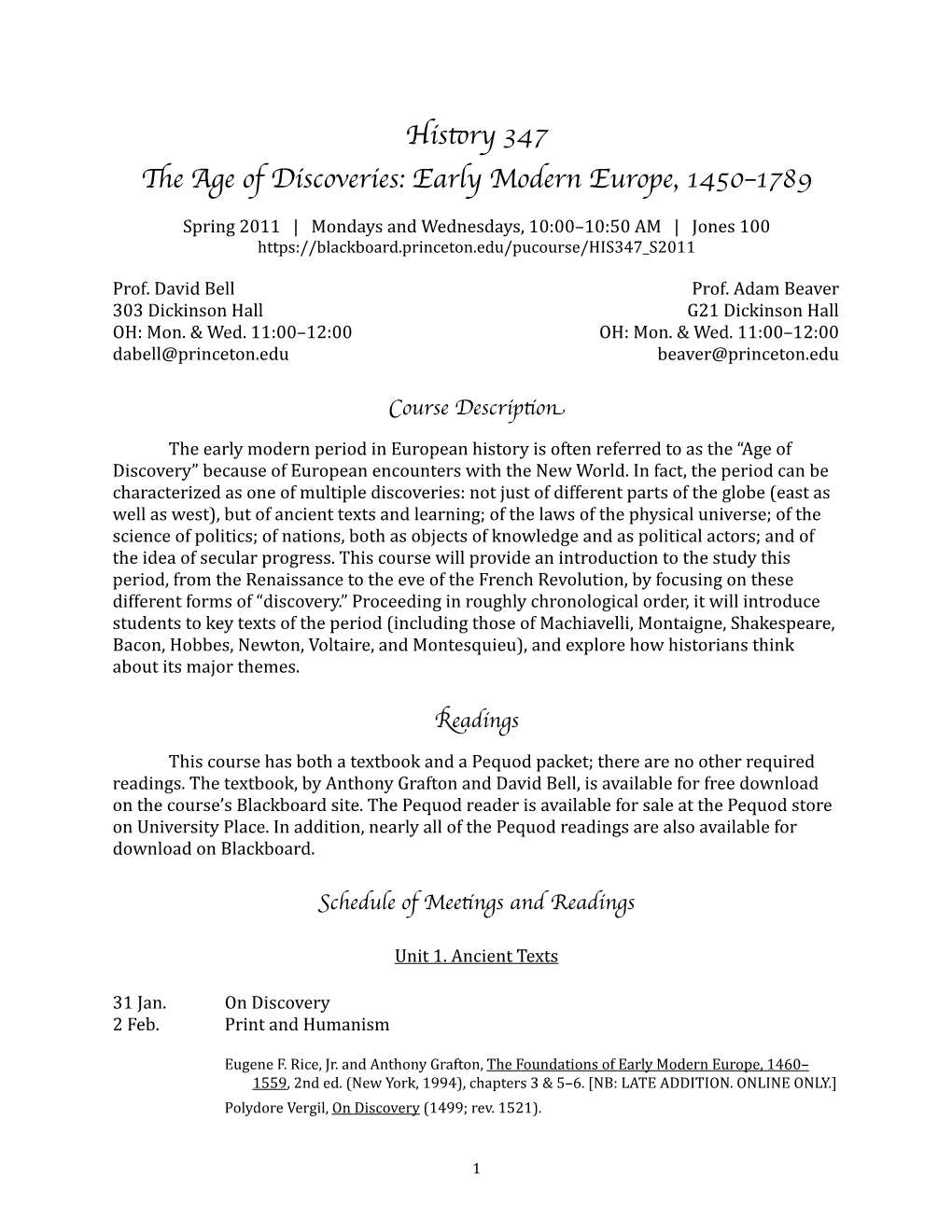 History 347 the Age of Discoveries: Early Modern Europe, 1450–1789