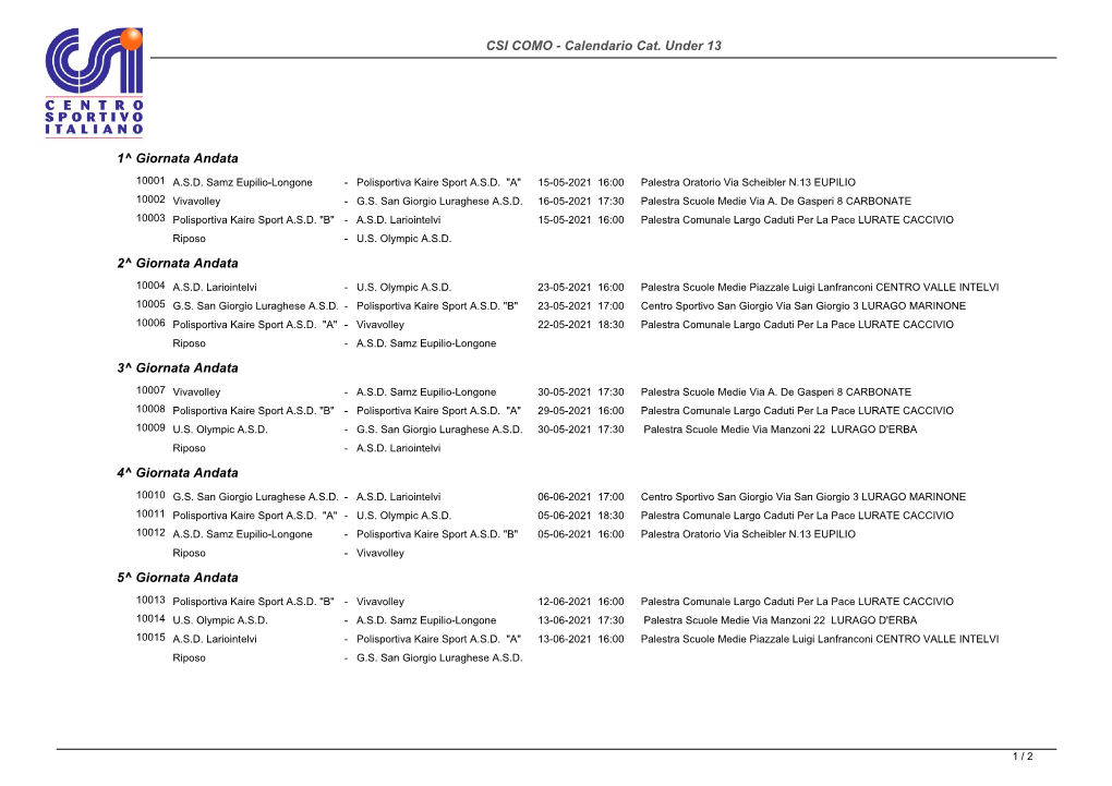 Calendario UNDER 13